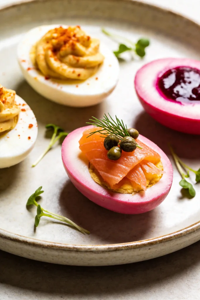 Deviled eggs platter with classic paprika, beet-pickled, and smoked salmon variations for Easter appetizers
