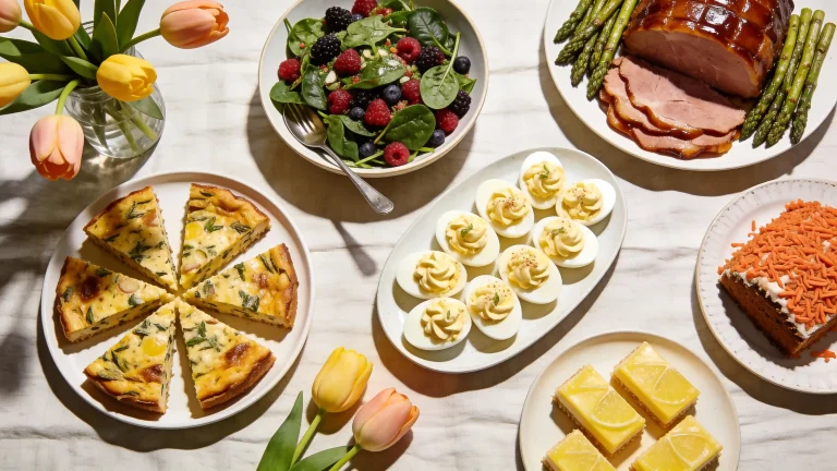 Easter recipes 2026 table spread with brunch, dinner mains, spring sides, and lemon desserts