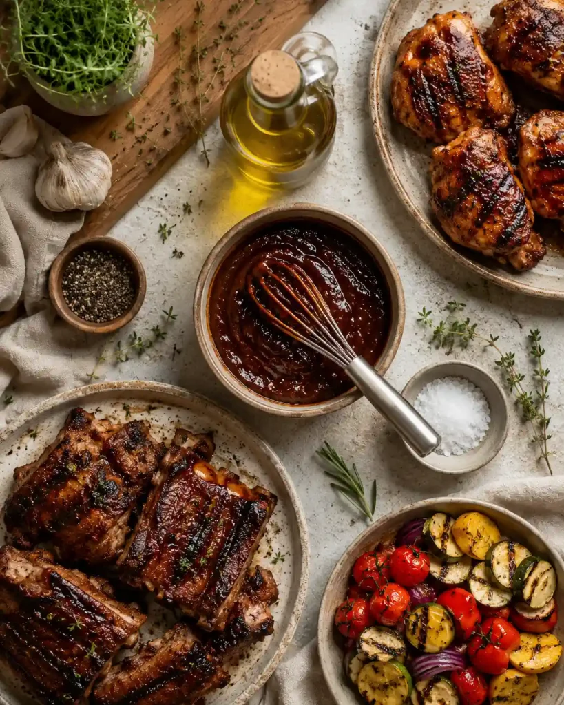 overhead BBQ marinade ingredients flat lay grilling recipe
