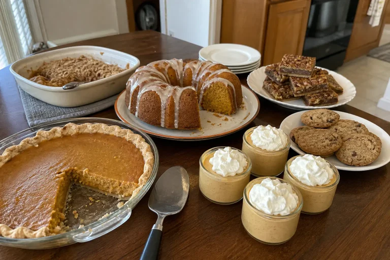 Thanksgiving dessert table with pumpkin pie, Bundt cake, apple crisp, pecan bars, cookies, and mousse cups.