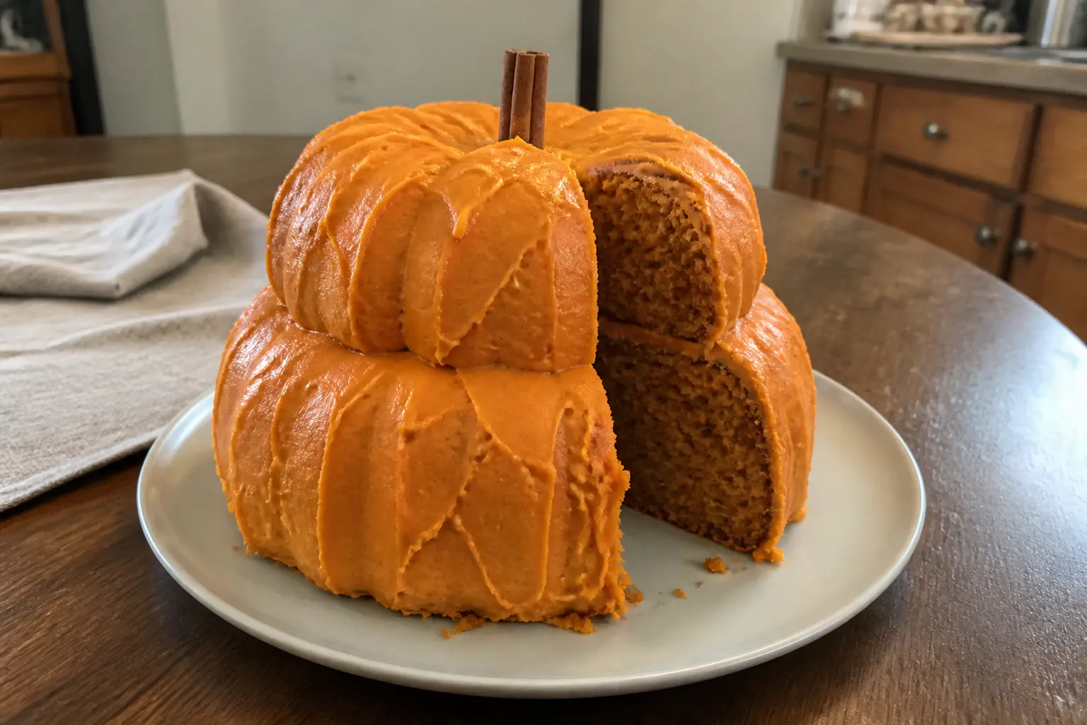 Orange pumpkin-shaped Bundt cake with a slice removed on a Thanksgiving dessert table.