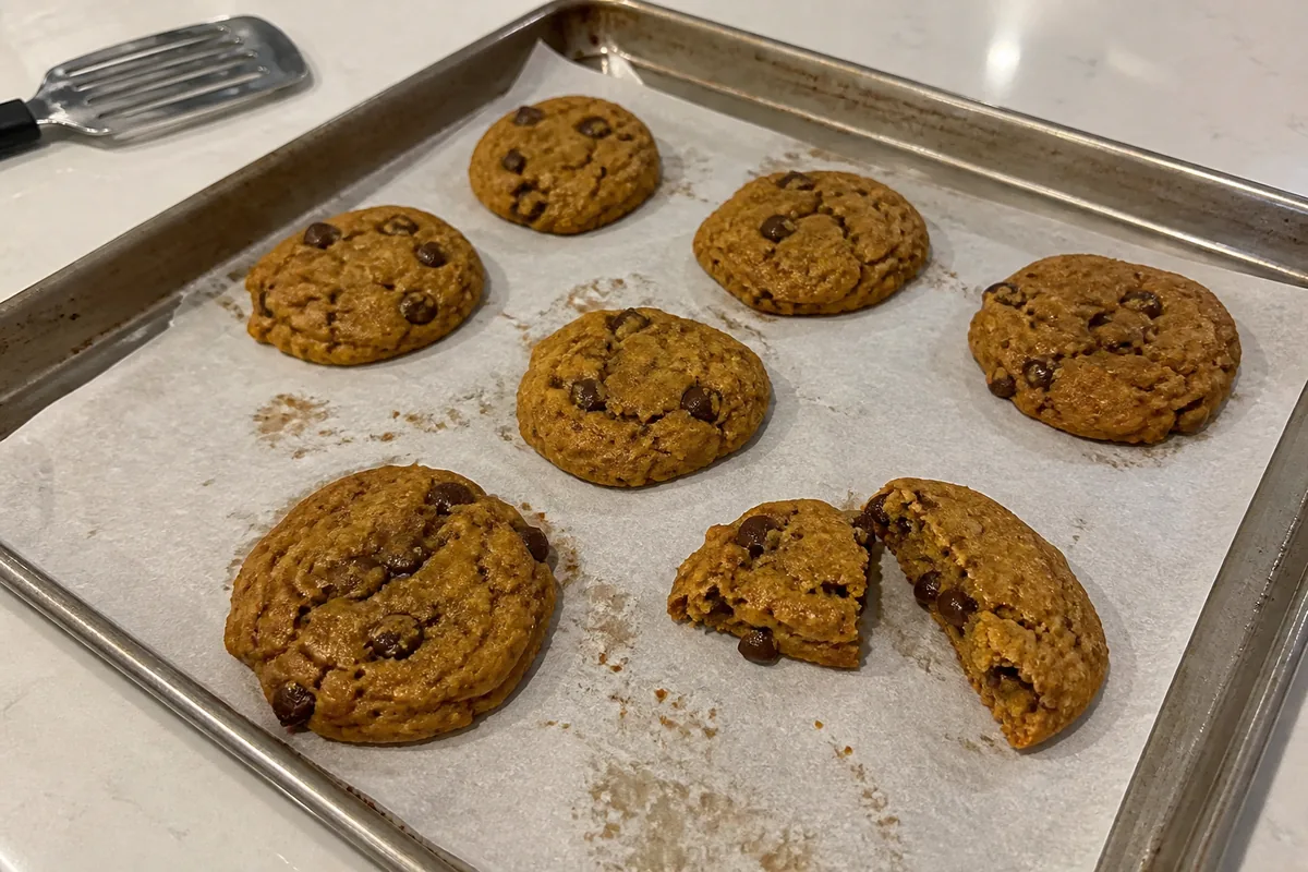 Homemade pumpkin chocolate chip cookies cooling on a parchment-lined baking sheet.