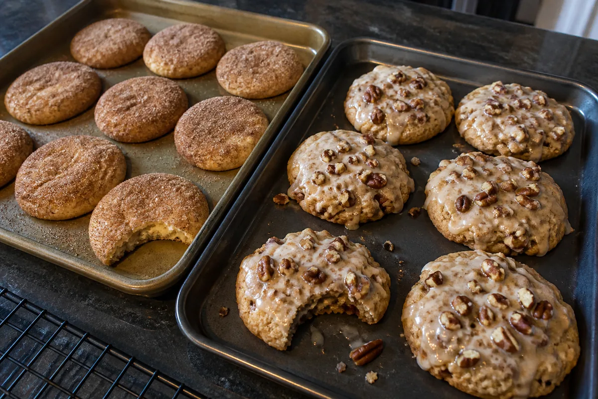 Apple cider sugar cookies and maple pecan cookies cooling on two home baking trays.
