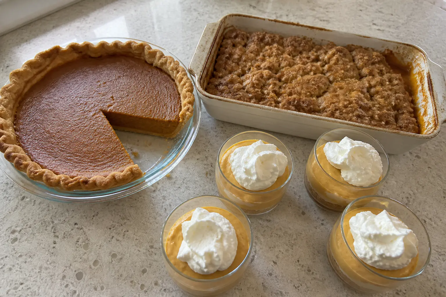 Pumpkin pie, rustic pumpkin cobbler, and pumpkin mousse cups arranged for Thanksgiving.
