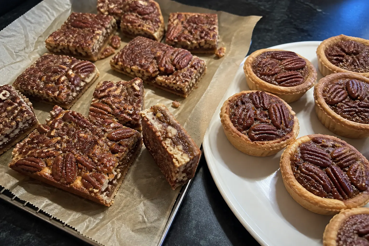 Pecan pie bars and mini pecan pies ready for easy Thanksgiving serving.