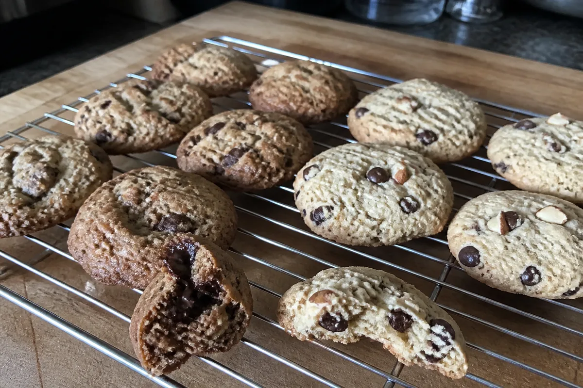 Walnut and almond chocolate chip cookies with two broken cookies showing their interiors.