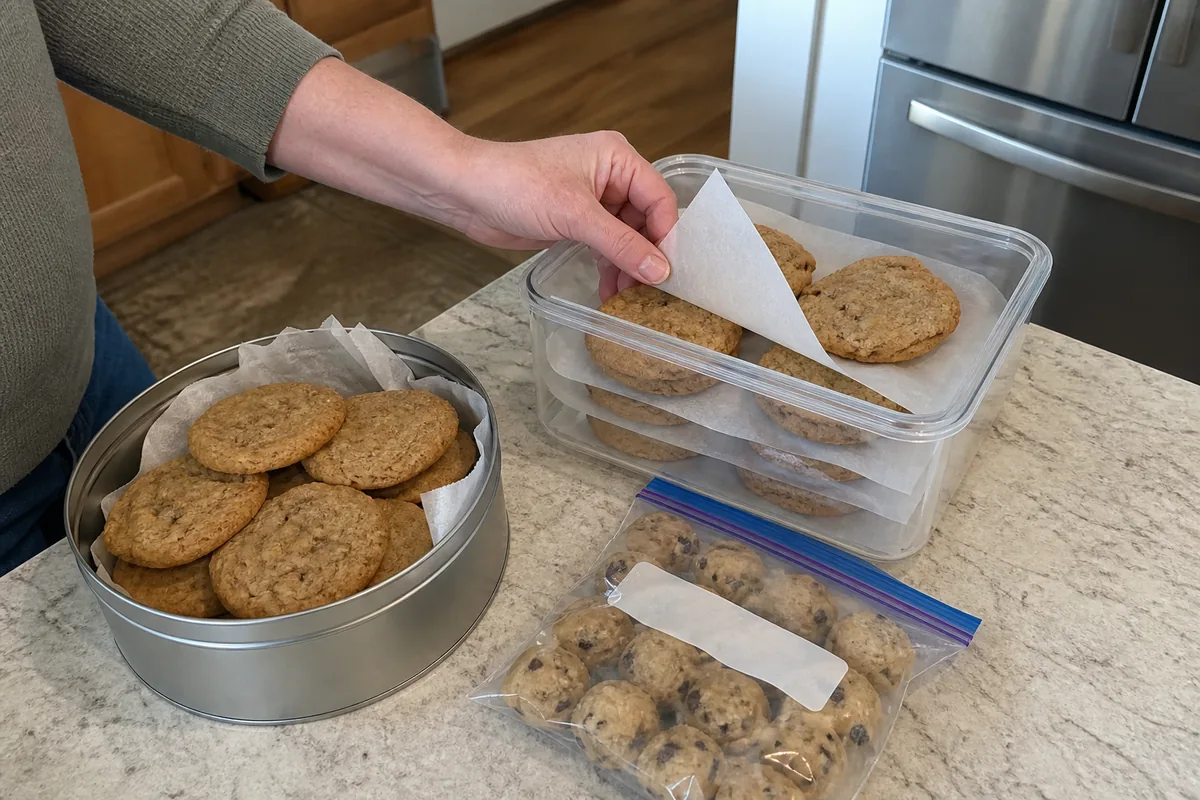 Fall cookies stored in an airtight container and metal tin with frozen cookie dough portions nearby.