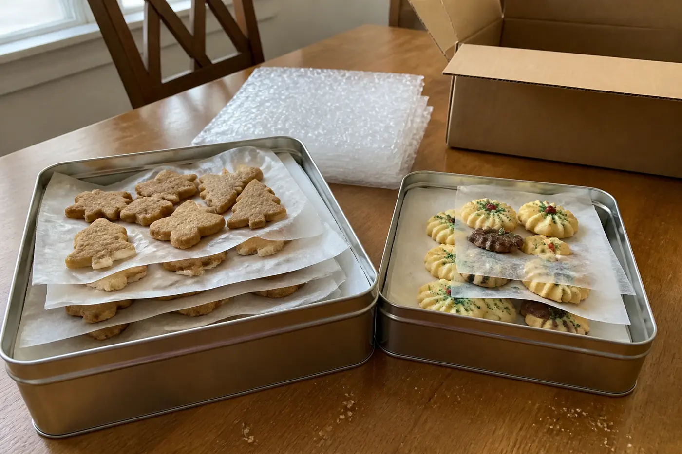 Christmas cookies layered with parchment inside airtight tins beside a padded shipping box.