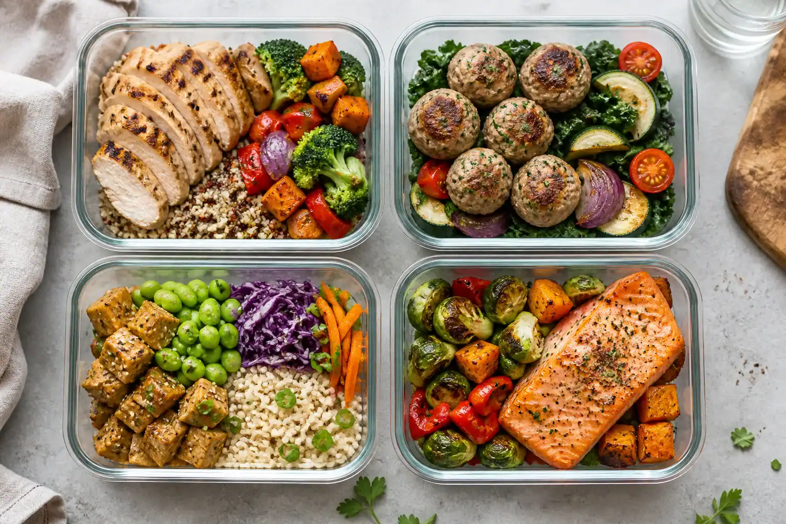 Four healthy meal-prep containers with chicken, turkey meatballs, tofu, salmon, grains, and vegetables.