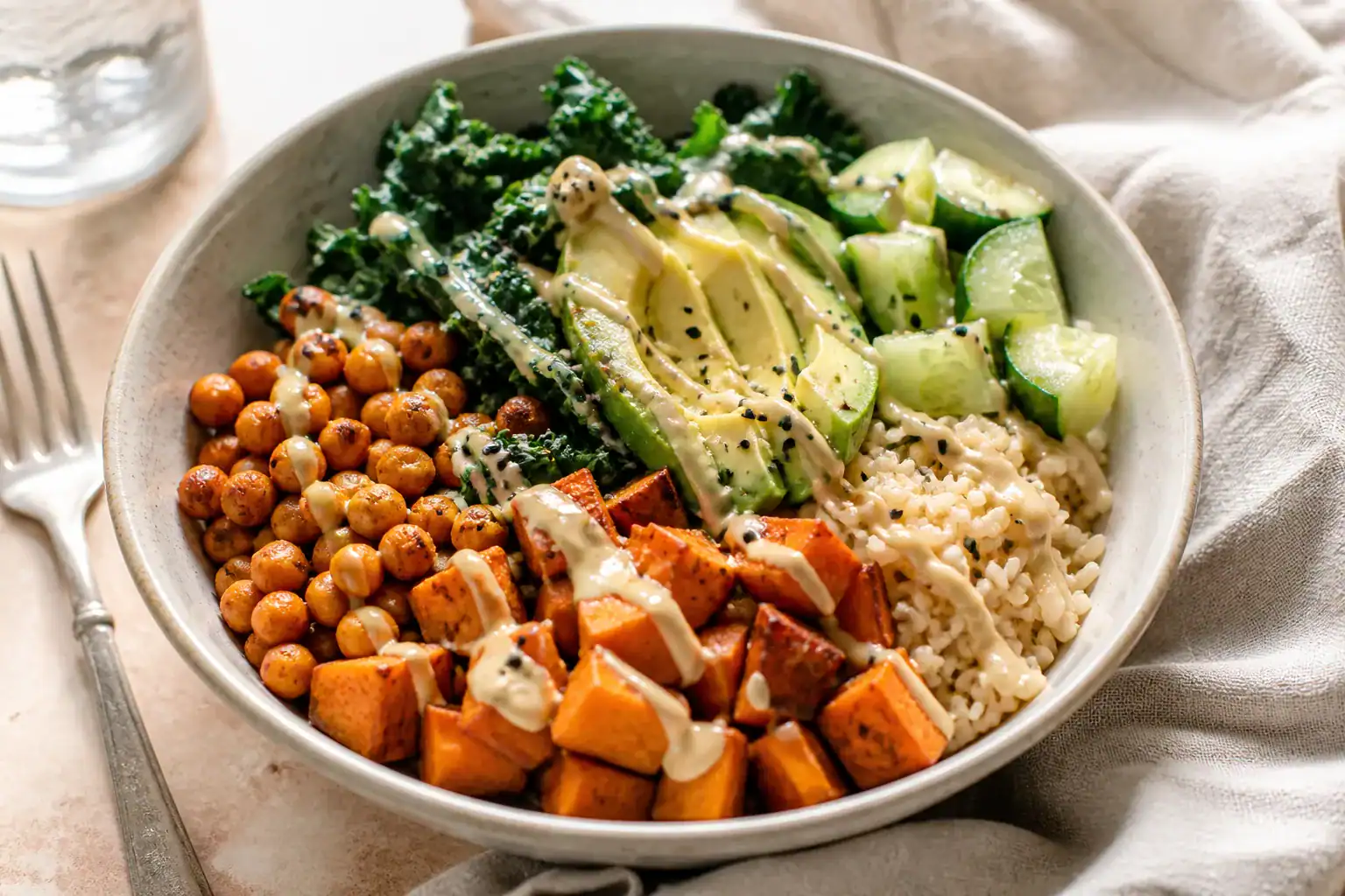 Plant-based dinner bowl with roasted chickpeas, sweet potato, kale, avocado, cucumber, brown rice, and tahini.