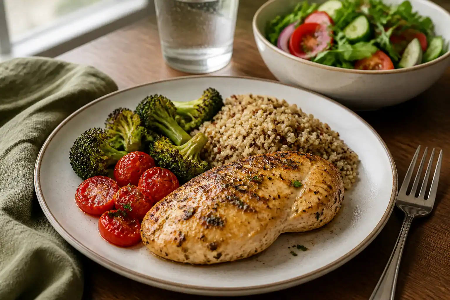 Lemon-herb chicken breast with quinoa, roasted broccoli, cherry tomatoes, and a side salad.