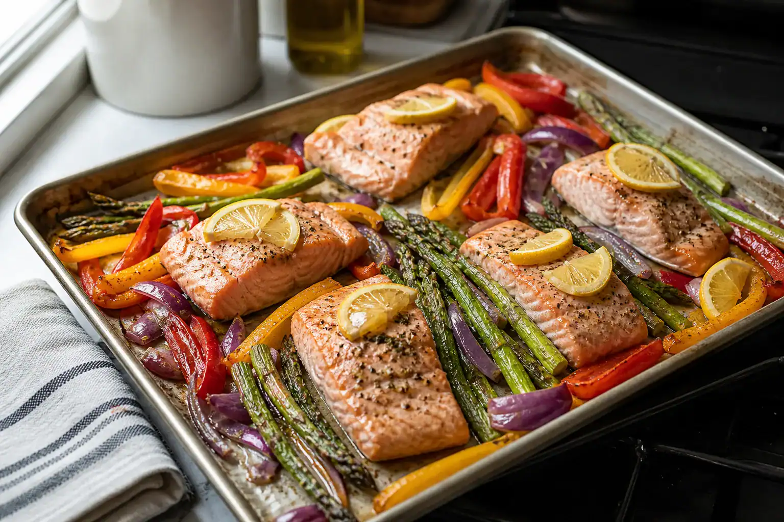 Sheet-pan salmon with asparagus, bell peppers, red onion, and lemon.