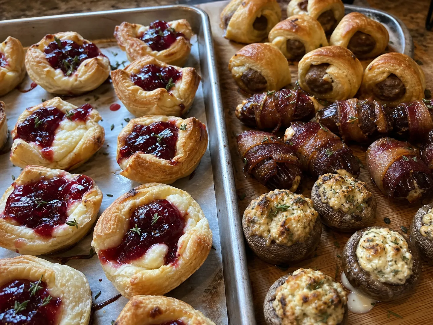 Cranberry cream cheese pastry cups, bacon-wrapped dates, sausage crescent bites, and stuffed mushrooms.