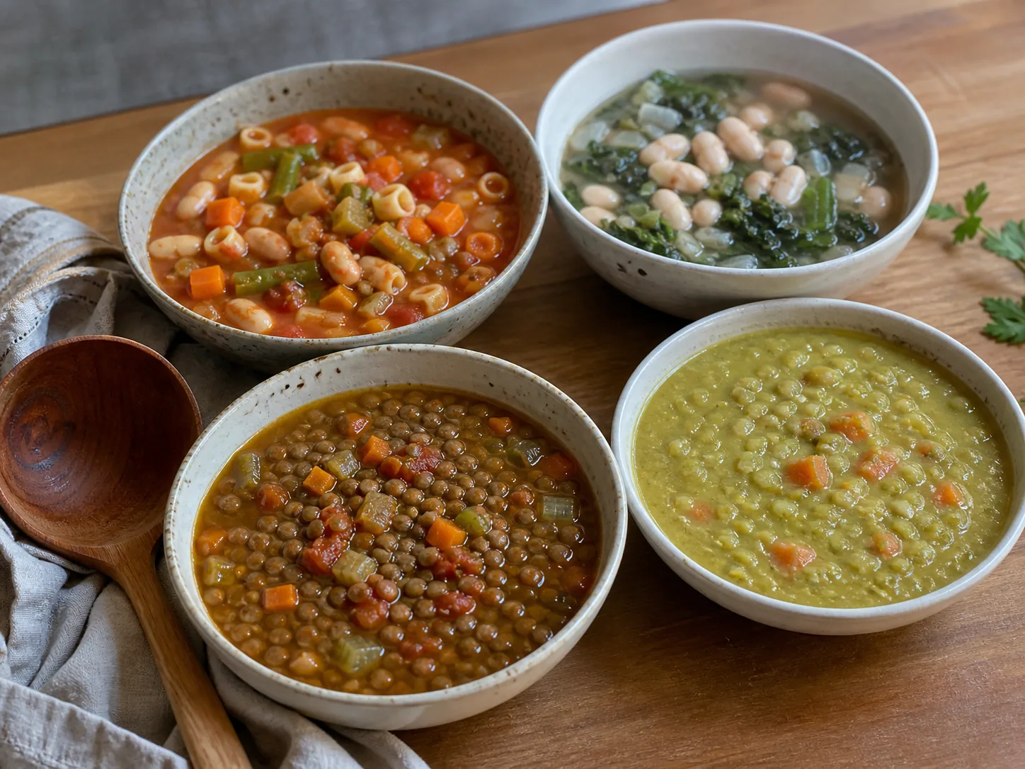 Minestrone, white bean kale, lentil vegetable, and split pea soups in four bowls.