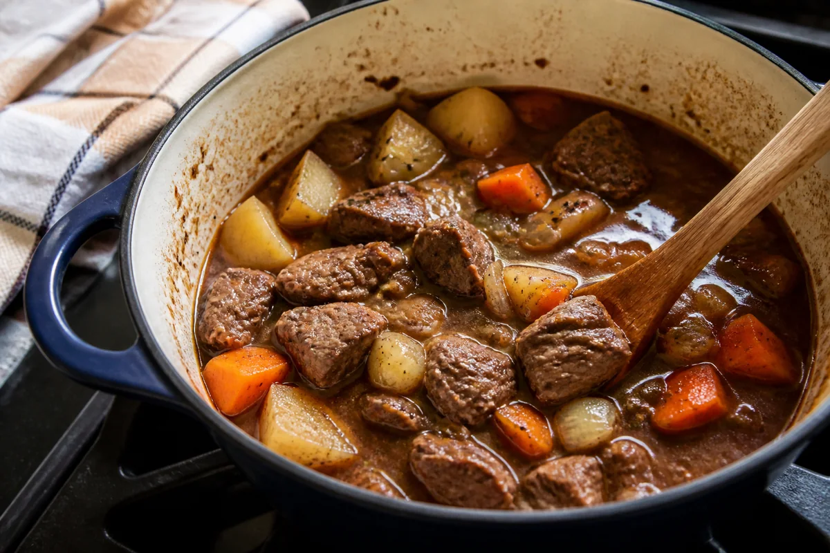 Homemade beef stew with tender beef, carrots, potatoes, and onions in an enameled Dutch oven.