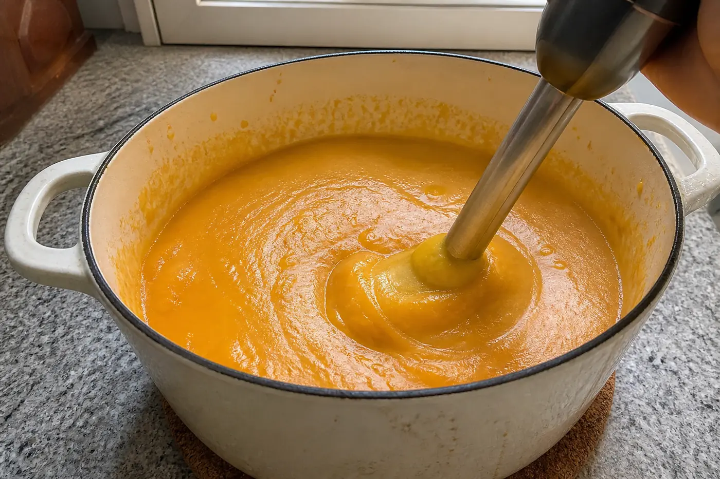 Butternut squash soup being blended smooth with an immersion blender in a Dutch oven