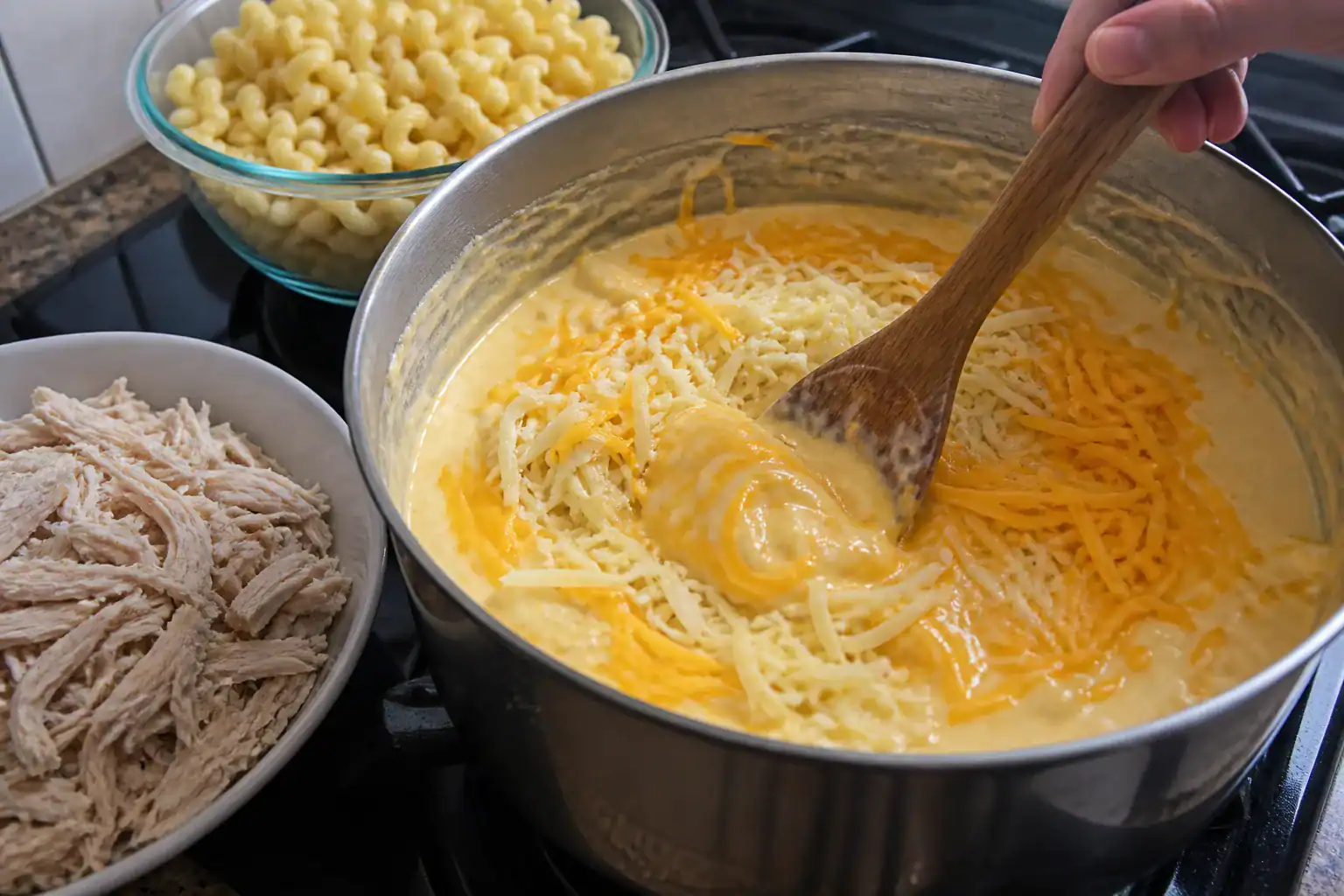 Cheddar and Monterey Jack melting into sauce before adding cavatappi and shredded chicken.