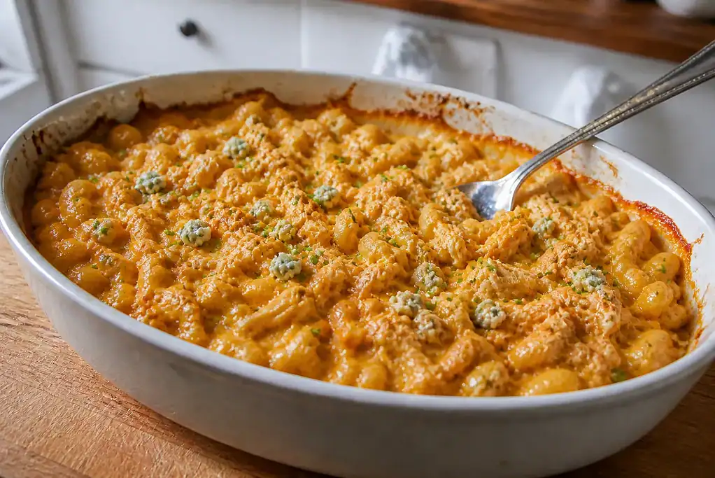 Creamy buffalo chicken mac and cheese baked until bubbling and topped with chives and blue cheese.