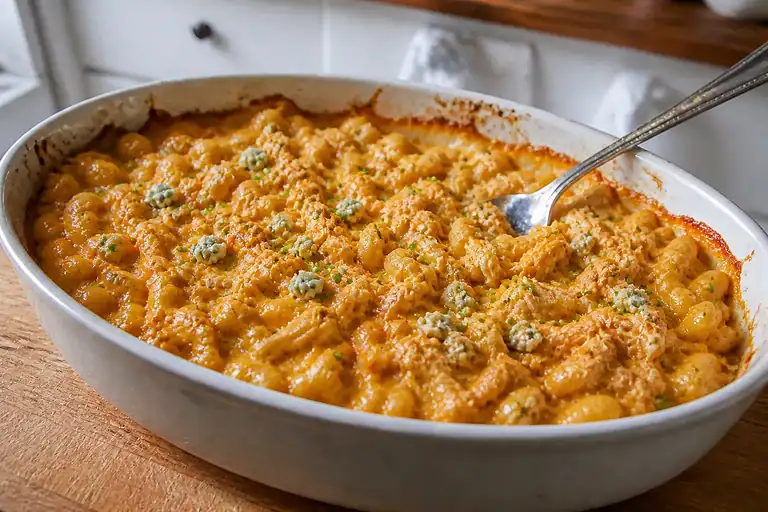 Creamy buffalo chicken mac and cheese baked until bubbling and topped with chives and blue cheese.