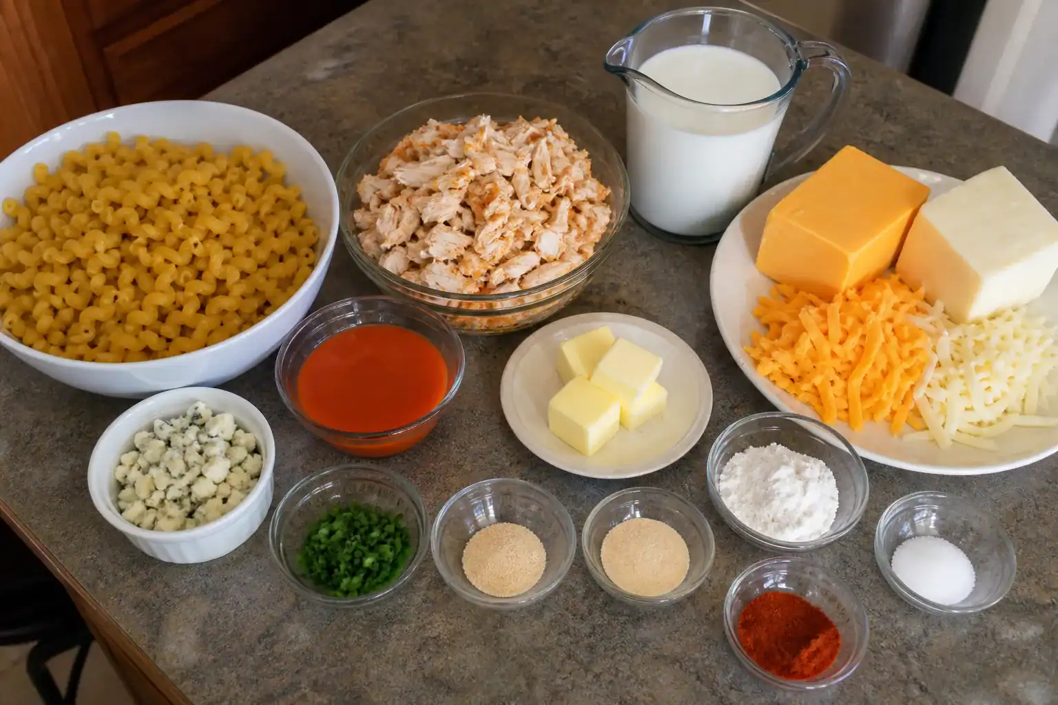 Cavatappi, shredded chicken, cheddar, Monterey Jack, milk, buffalo sauce, butter, flour, spices, chives, and blue cheese.