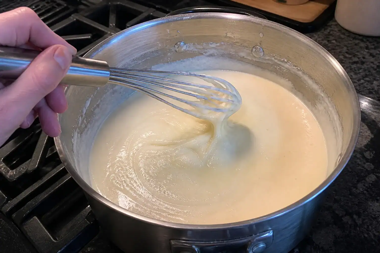 Milk thickening with a butter and flour roux in a saucepan for buffalo chicken mac and cheese.