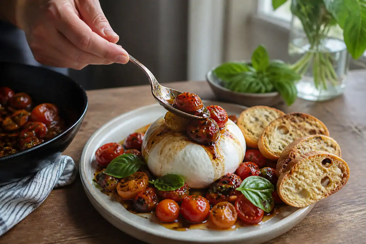 Warm roasted cherry tomatoes and balsamic garlic juices being spooned over burrata with crostini and basil.