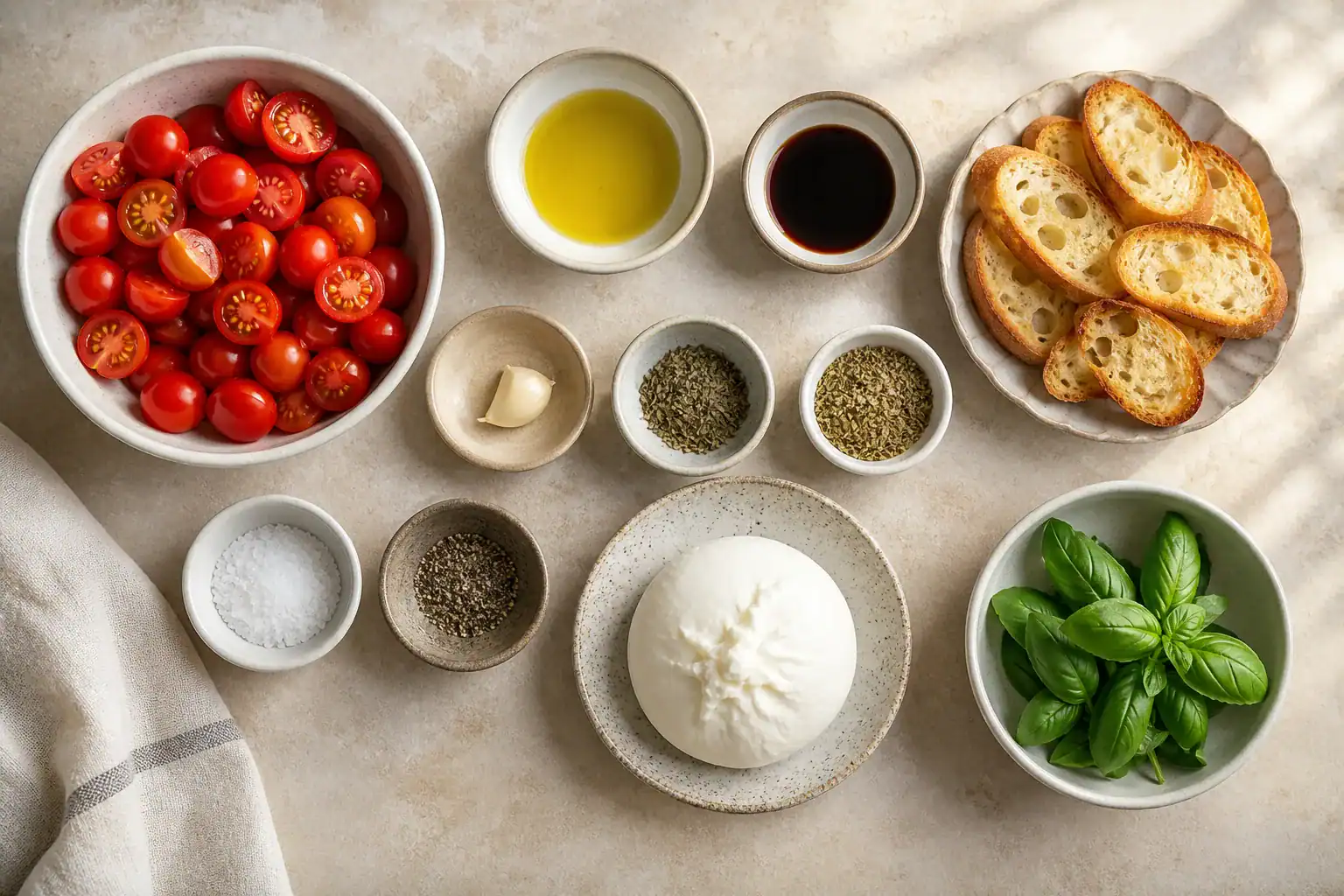 Burrata, cherry tomatoes, olive oil, balsamic vinegar, garlic, herbs, crostini, basil, salt, and pepper.