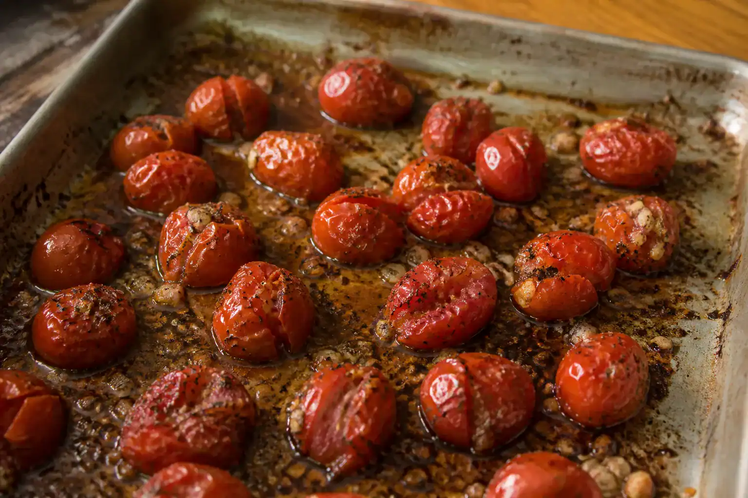 Cherry tomatoes blistered with olive oil, balsamic vinegar, garlic, basil, and oregano on a sheet pan.