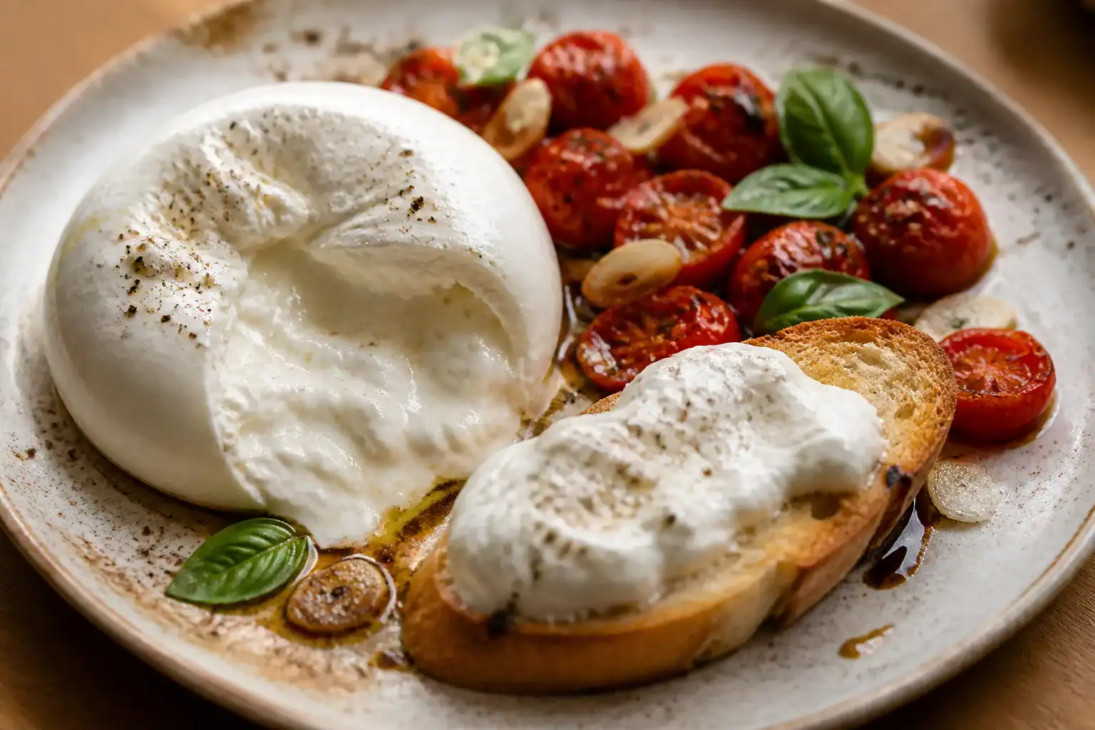 Torn burrata with a creamy center beside roasted cherry tomatoes and burrata-topped crostini.