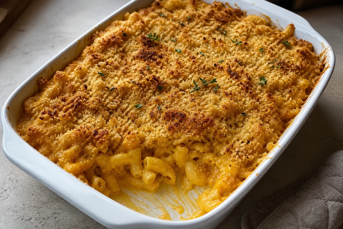 Butternut squash macaroni and cheese with a lightly browned breadcrumb topping and thyme in a white casserole dish.