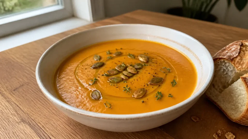 Creamy butternut squash soup topped with pepitas, herbs, black pepper, and olive oil beside crusty bread