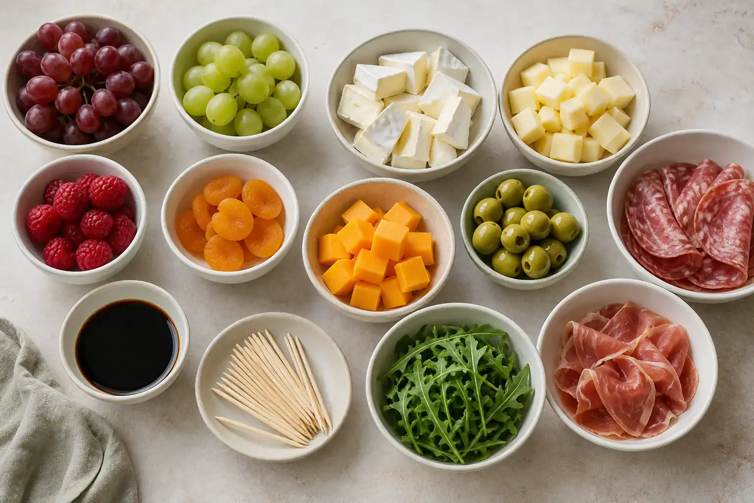 Brie, havarti, cheddar, grapes, raspberries, apricots, olives, salami, prosciutto, arugula, balsamic, and picks.