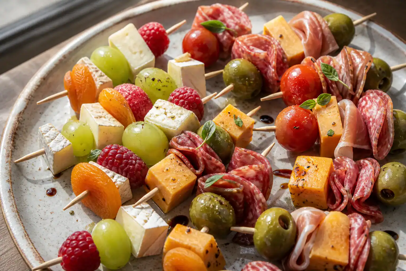 Finished sweet and savory cheese skewers with fruit, olives, tomatoes, cured meat, brie, and cheddar.