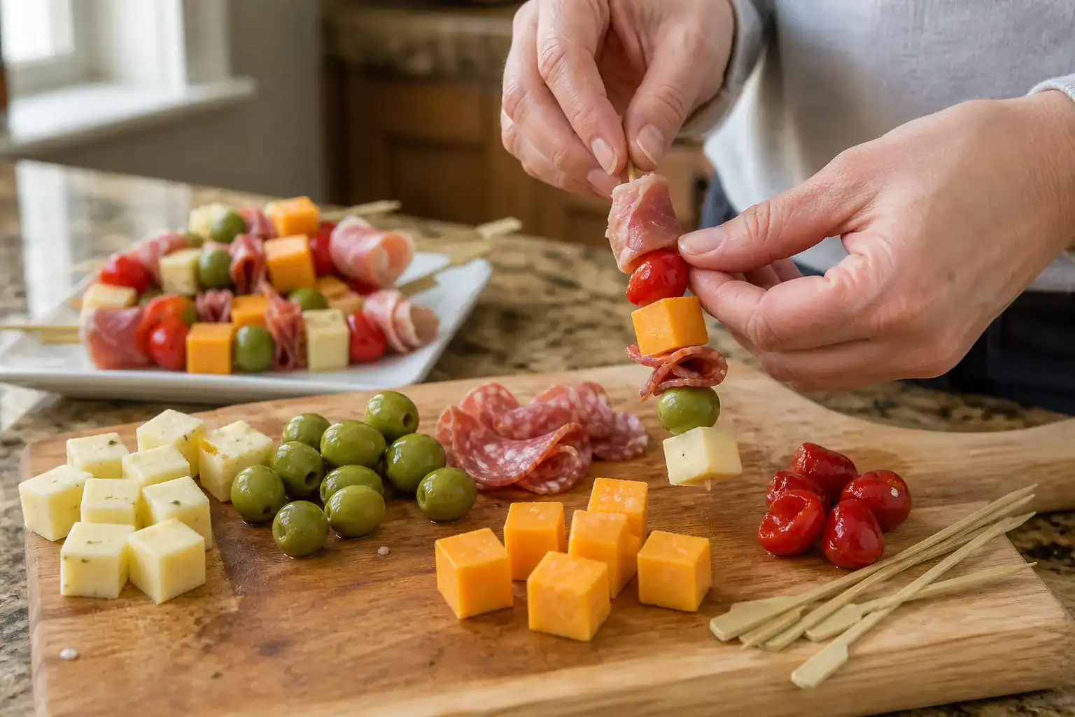 Hands threading havarti, olive, salami, cheddar, cherry pepper, and prosciutto on a short appetizer pick.