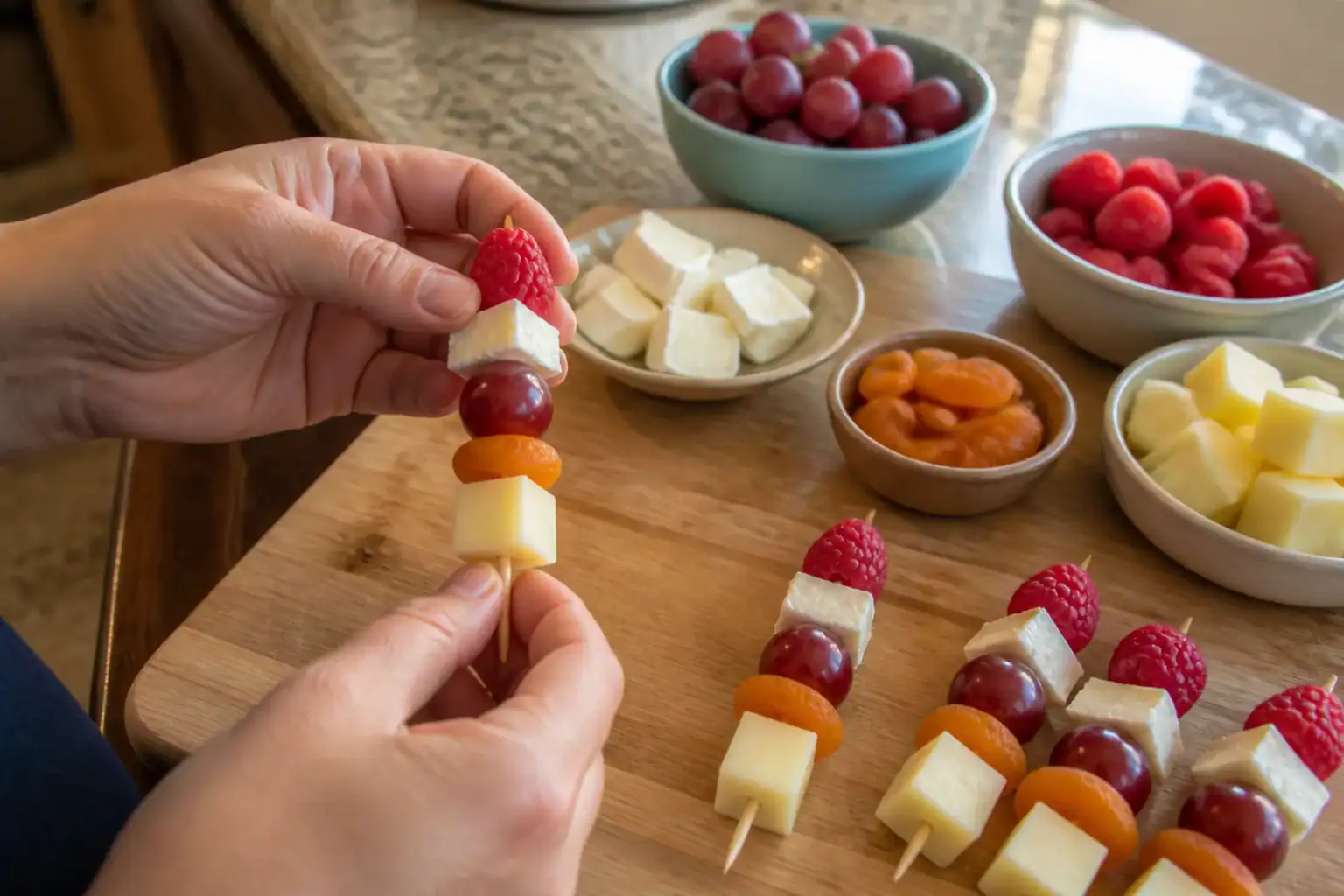 Hands assembling a sweet cheese skewer with havarti, dried apricot, grape, brie, and raspberry.