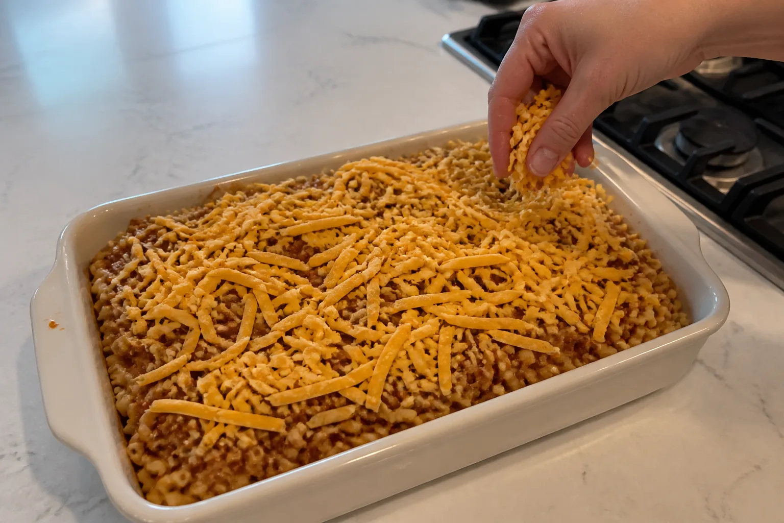 Cheeseburger casserole topped with grated cheddar in a cream-colored baking dish before baking.