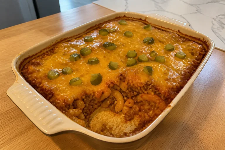 Baked cheeseburger casserole with ground beef, elbow macaroni, cheddar, and chopped dill pickles.