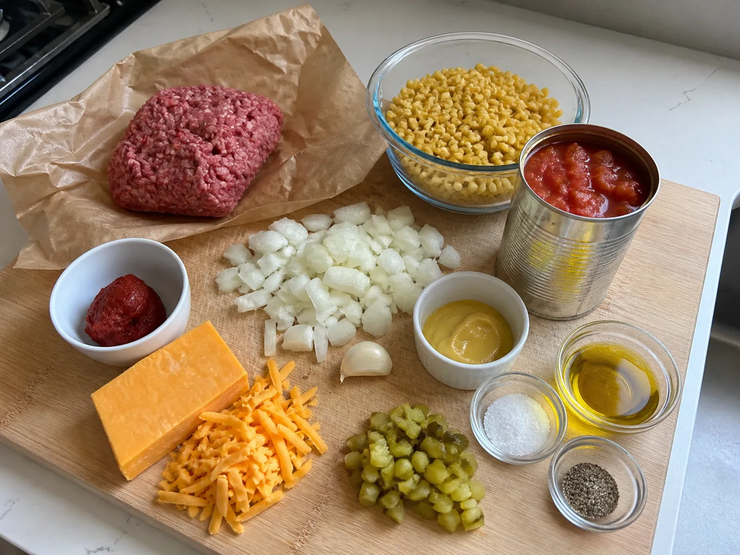 Ground beef, elbow macaroni, onion, garlic, tomatoes, Dijon, cheddar, and dill pickles for cheeseburger casserole.