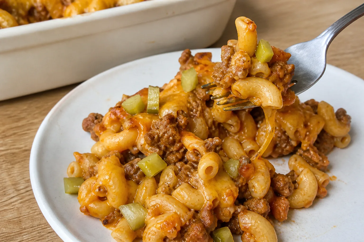 Close-up serving of cheeseburger casserole with macaroni, beef, cheddar, and chopped pickles.