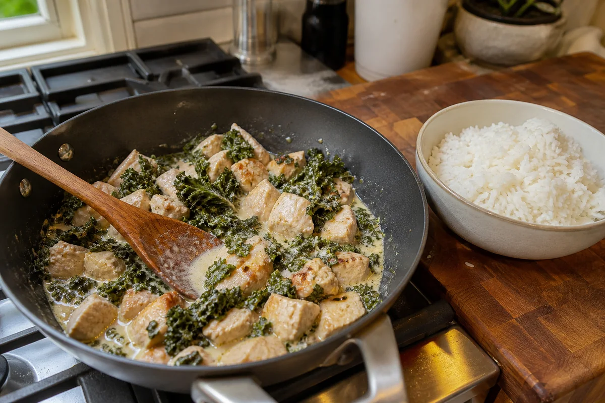 Browned chicken and kale in a creamy coconut sauce cooking in a skillet beside a bowl of white rice.