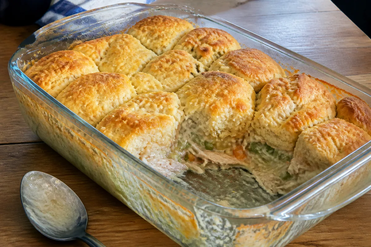 Chicken pot pie casserole with golden biscuits and creamy chicken, peas, and carrots visible in the scooped section.