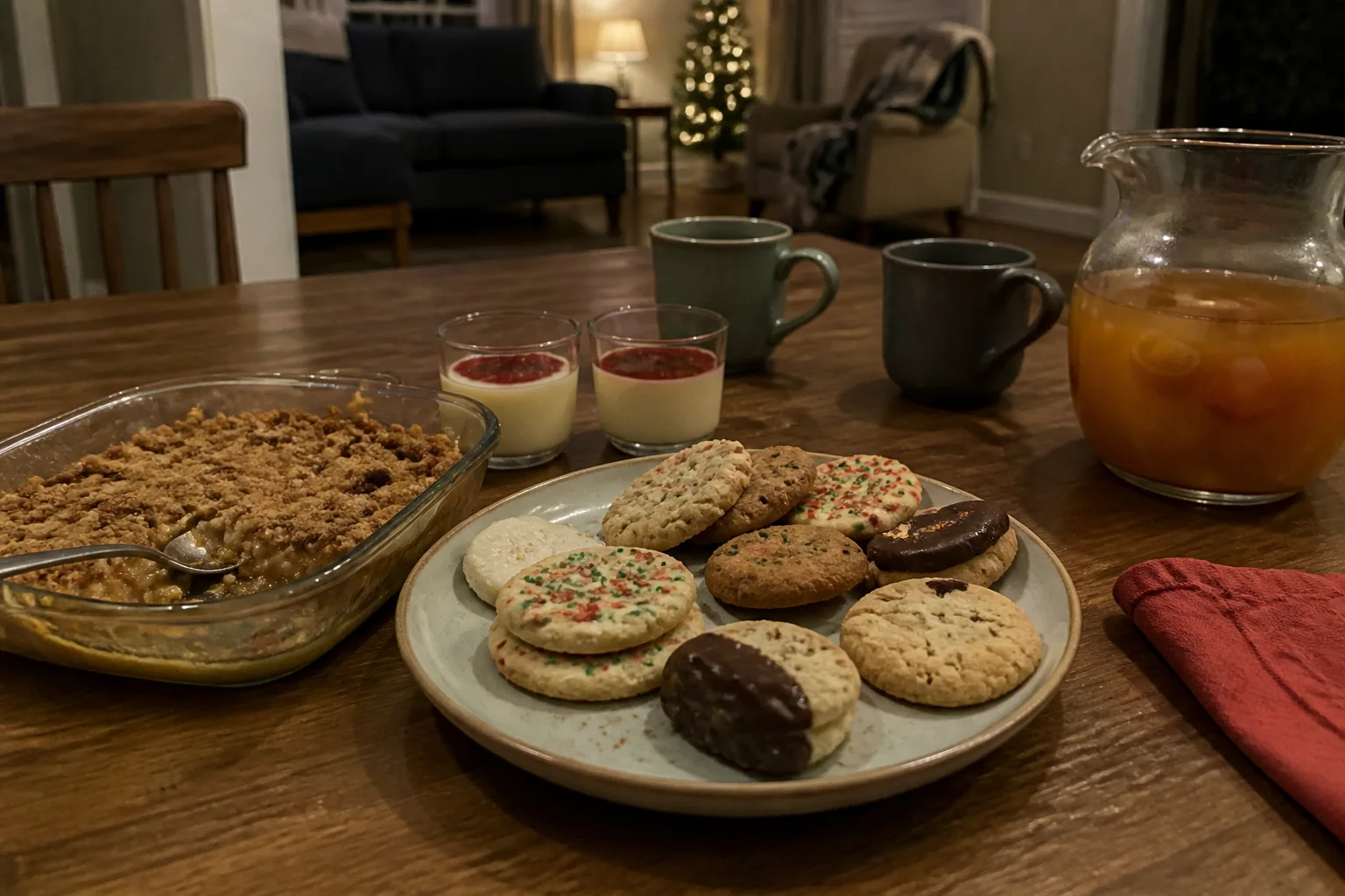 Christmas dessert table with cookies, apple crisp, panna cotta, hot chocolate, and warm spiced cider.