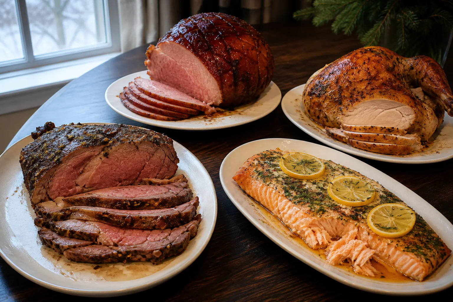 Christmas main dishes including sliced prime rib, glazed ham, baked salmon, and roasted turkey on serving platters.