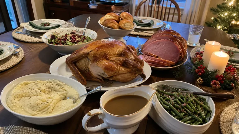 Christmas dinner menu with roast turkey, glazed ham, mashed potatoes, green beans, salad, rolls, and gravy