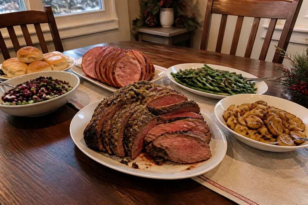 Christmas dinner table with sliced prime rib, glazed ham, roasted potatoes, green beans, rolls, and cranberry salad.