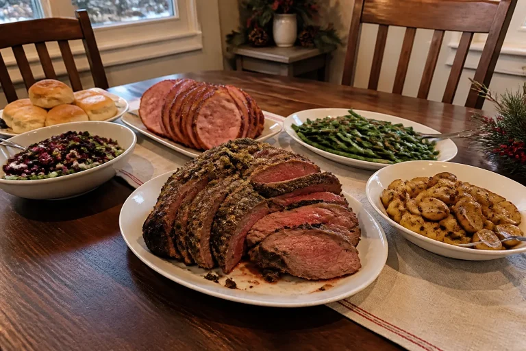 Christmas dinner table with sliced prime rib, glazed ham, roasted potatoes, green beans, rolls, and cranberry salad.