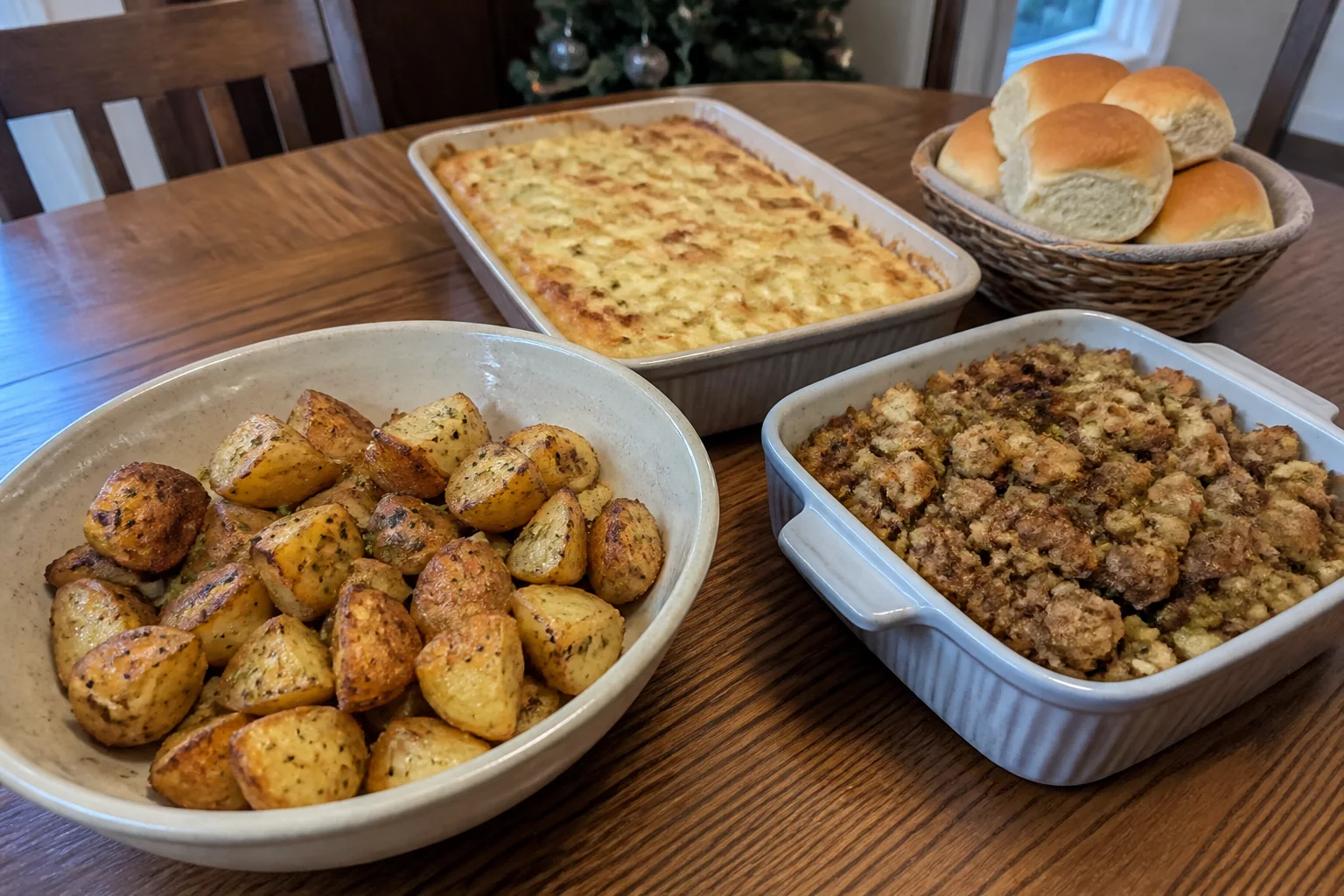 Christmas side dishes with roasted potatoes, creamy potato bake, herb stuffing, and warm dinner rolls.