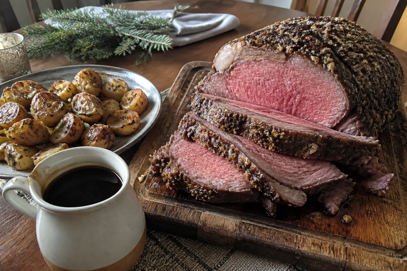 Garlic-crusted prime rib with roasted potatoes and red wine au jus for Christmas dinner