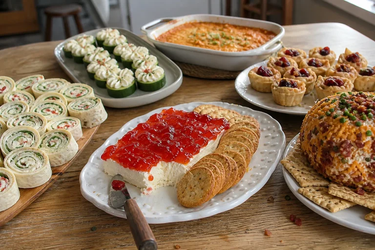 Party spread with pepper jelly cream cheese, pinwheels, cucumber bites, hot dip, pastry cups, and a cheese ball.