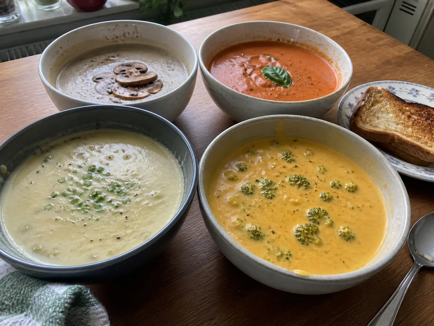 Potato leek, broccoli cheddar, mushroom, and tomato basil soups served on a kitchen table.